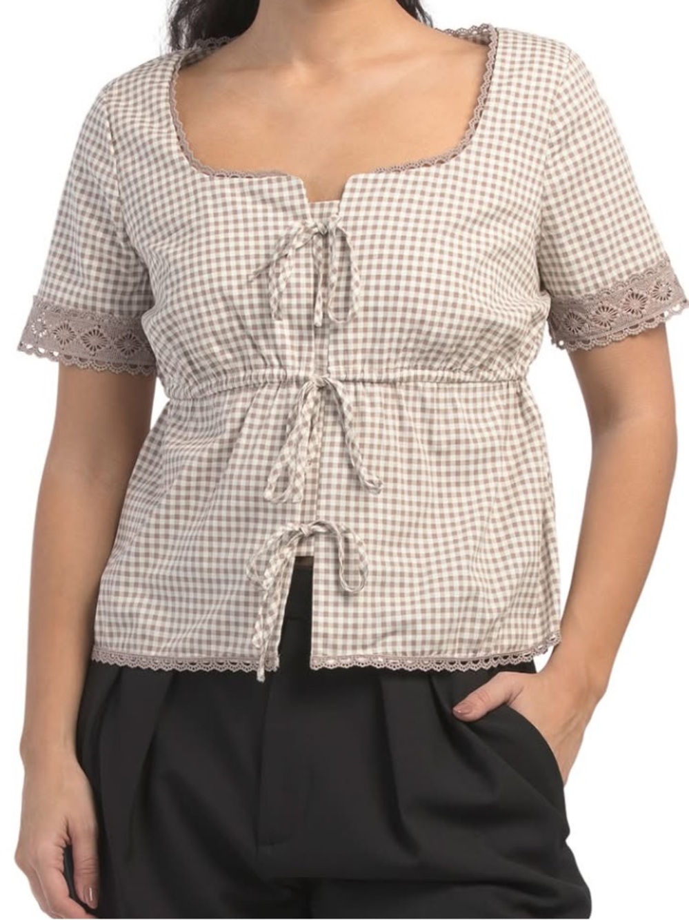 Nordstrom Beige Gingham Tie-Front Short Sleeve Blouse